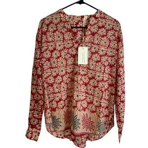 Maison Hotel Nadine Top Womens Large Red Tan V Neck Boho Cotton Button Up Print